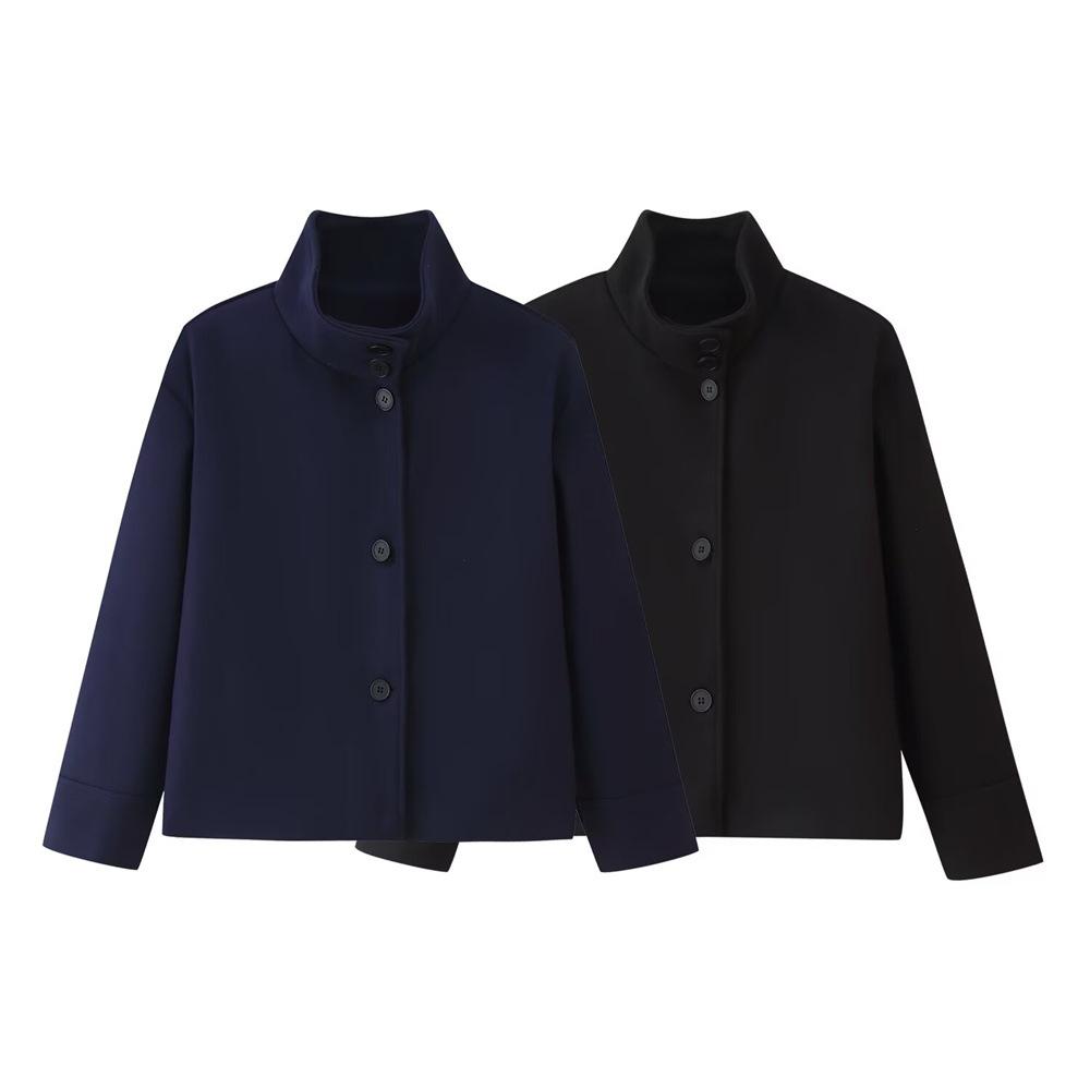 European and American women's clothing autumn and winter stand-up collar breasted short loose jacket casual solid color woolen coat top
