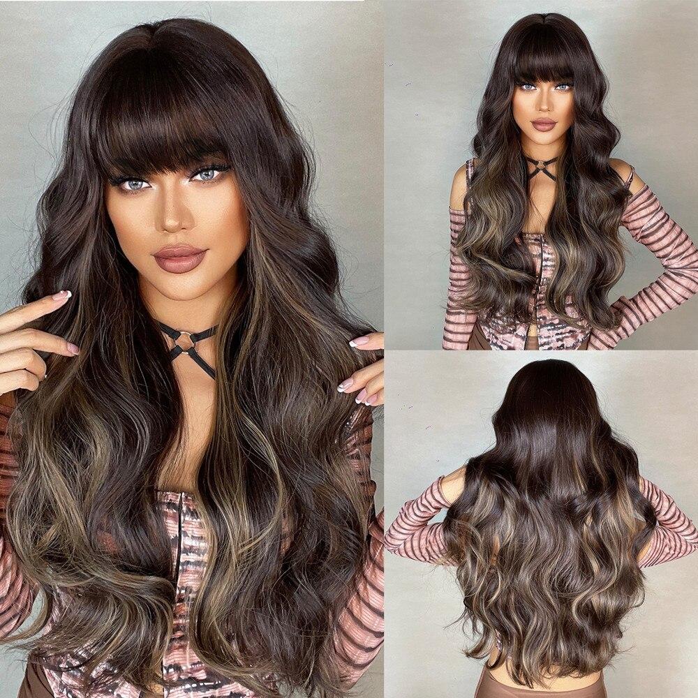 ALAN EATON Black Long Body Wavy Wig for Women Synthetic Natural Wave Wigs with Bangs Daily Party Fake Hair Heat Resistant Fiber