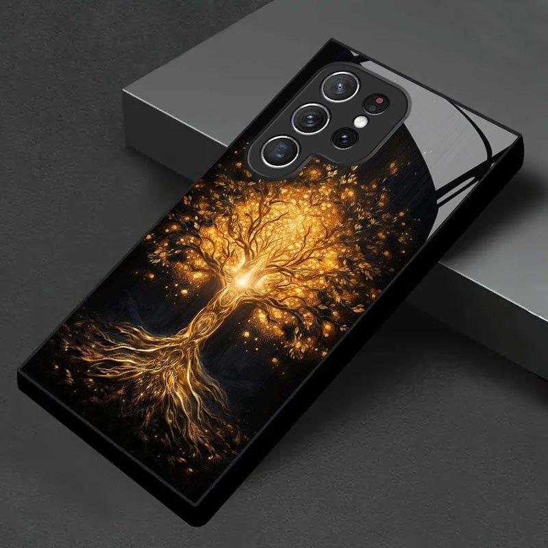 Golden Tree of Life Glass Phone Case Suitable for Samsung for Galaxy S26 S25 S24 S22 S21 S20 FE Ultra Plus5GAnti Drop Back Cover