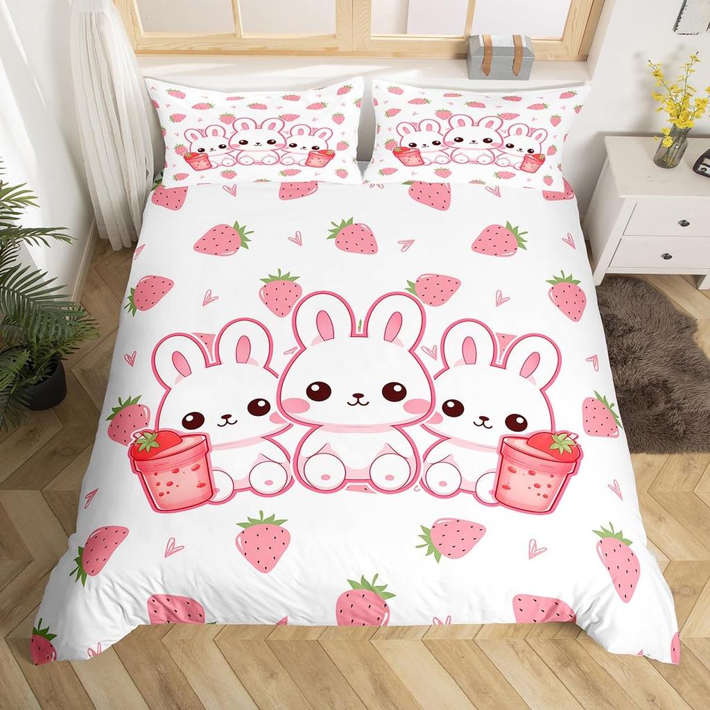 Sweet Strawberry Milk Duvet Cover King Queen Cute Bear Bedding Set Cartoon Fruits Animals Comforter Cover with 2 Pillowcases