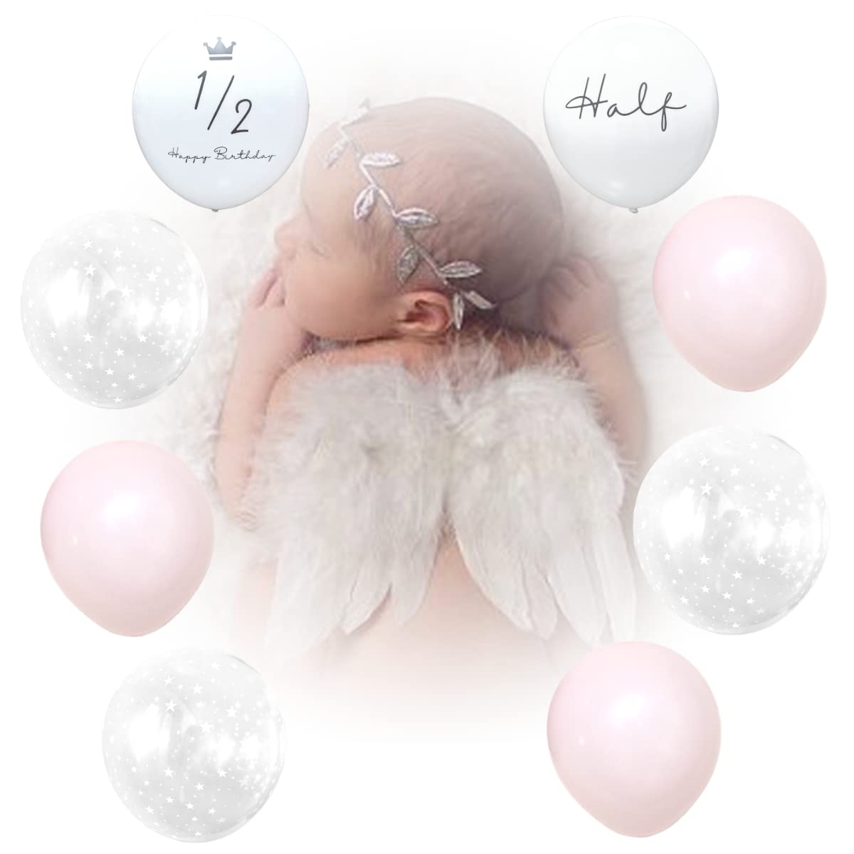 

La Kissa Half Birthday Decorations for Boys and Girls, Angel Wings, Baby Balloons, Feathers, Hairbands, Sleeping Art, Cute Angel (Star Pink)