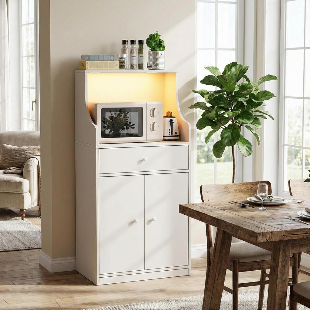 Cabinet - Wooden sideboard, 2 AC power ports/2 USB ports, Bluetooth LED light strip, single drawer, white.