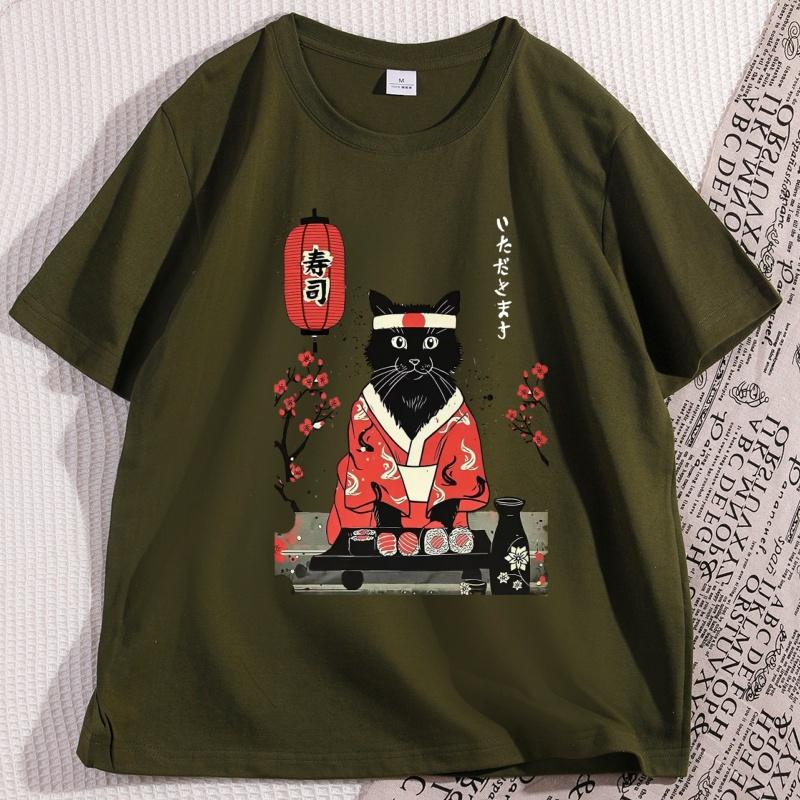 Japanese Sushi Cat Kitten Tshirt Men Women Manga Top Tee Retro Short Sleeve Oneck Cotton Tees Cat Printed Man Clothing Y2k