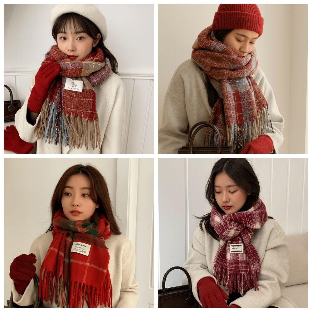 New Year Plaid Wool Scarf Tassel Red Long Shawl Elegant Winter Knitted Scarves Student