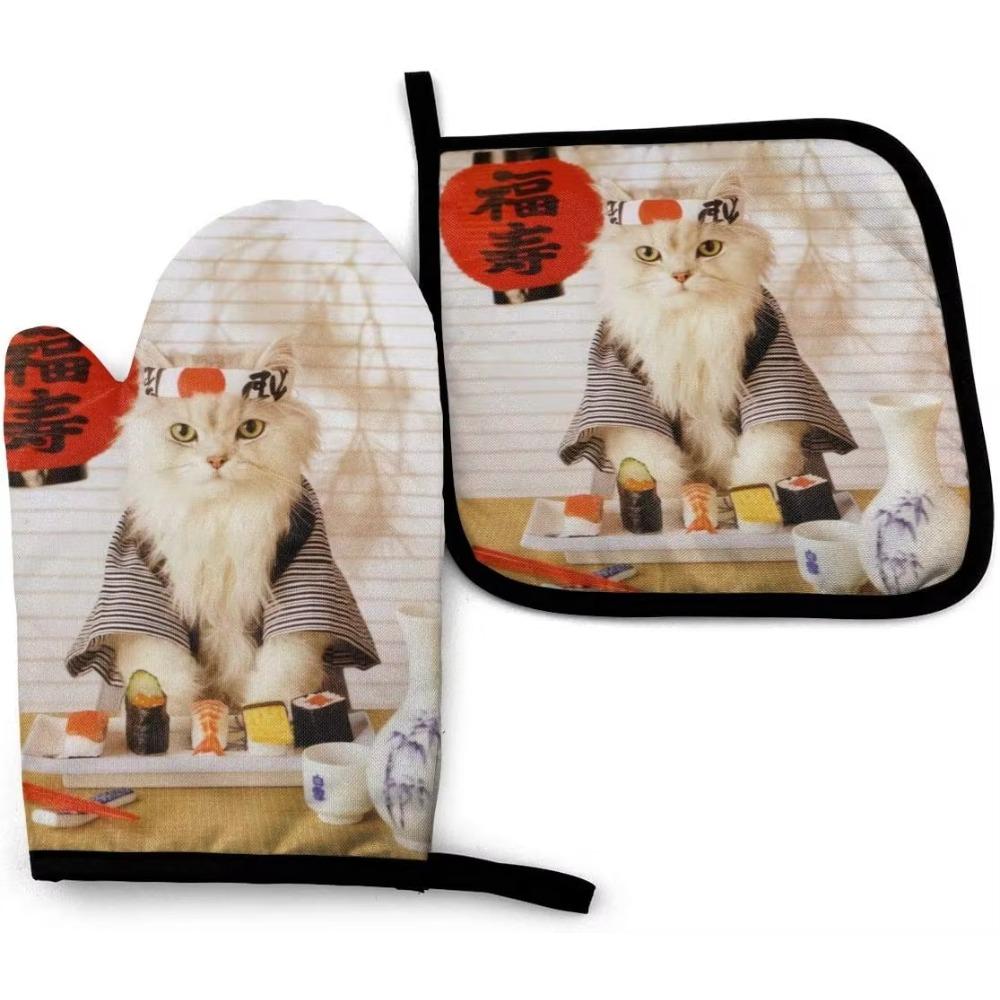 Sushi Cat Japanese Cute Funny Kitten Oven Mitts and Pot Holders Heat Resistant Oven Gloves Safe Cooking Baking Grilling
