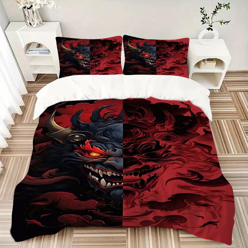 3pcs Anime Demon Mask Comforter Set with 1 Quilt Cover and 2 Pillowcases (No Core) - Home Decor, Festival Gift, Polyester Fabric, Anime Cartoon Design