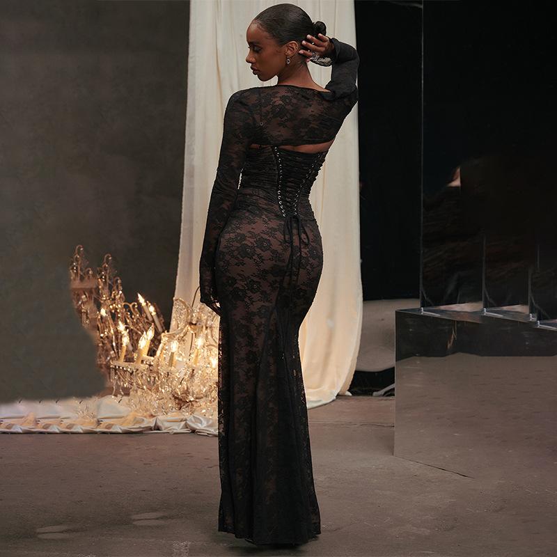 GMXIA Women's Autumn Sexy Temperament Vest Long Sleeve Suspenders Lace Lace Dress