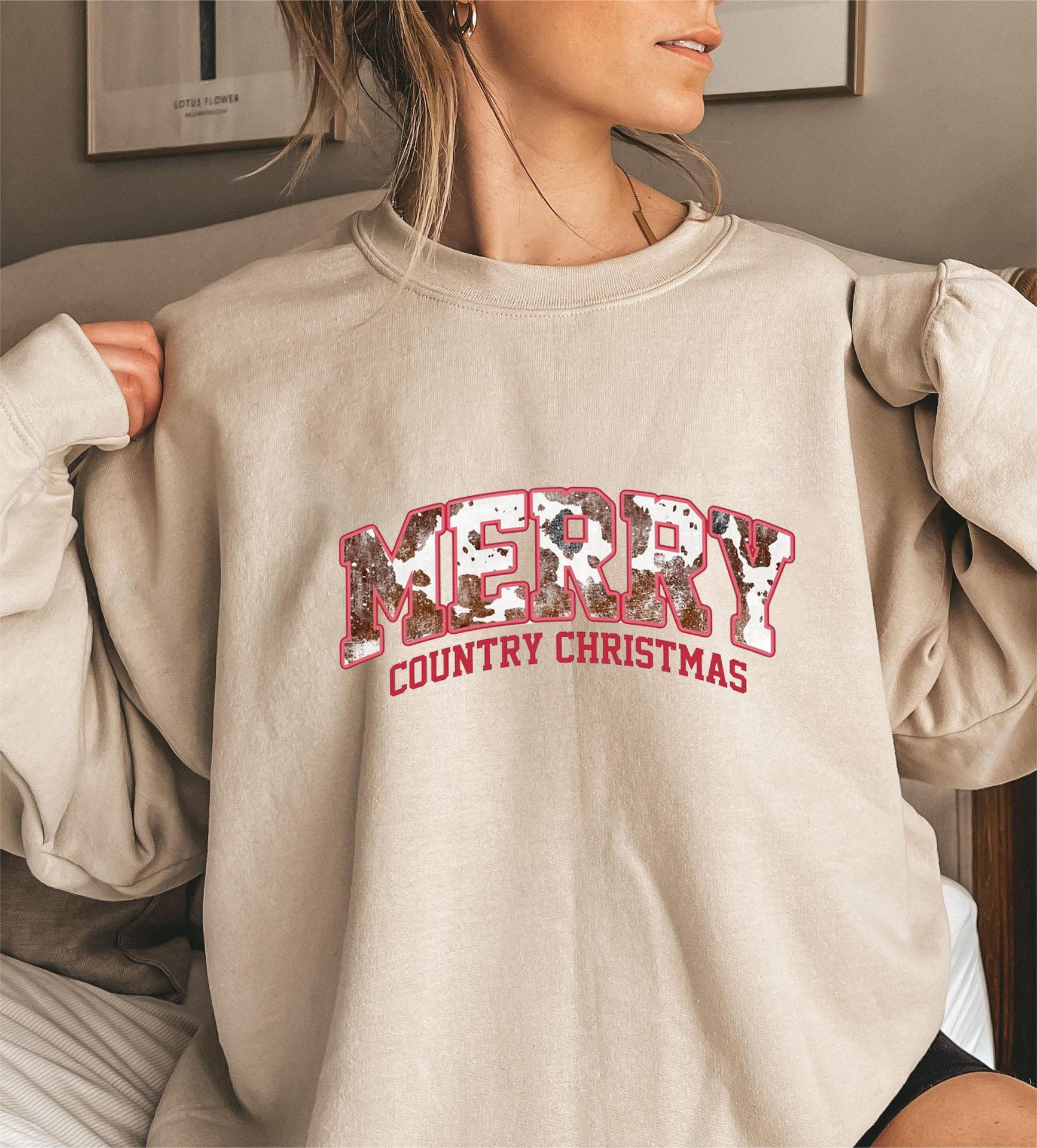 

Свитшот с длинным рукавом и круглым вырезом с надписью «Merry Country Christmas» XL хаки