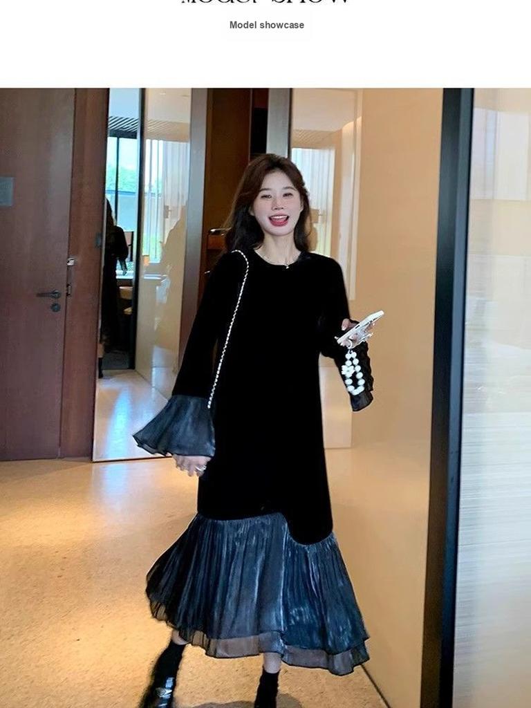 Golden Velvet Dress Women Autumn New Style Round Neck Fitted Waist Slimming Patchwork Mesh Long Sleeve Fishtail Dress