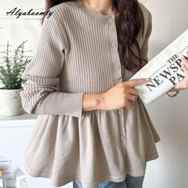 Korean Fashion Spring Autumn Women Ball Gown Knitted Coat O Neck Black Beige Brown Knitting Cardigan Elegant Feminine Ladies' Outerwear