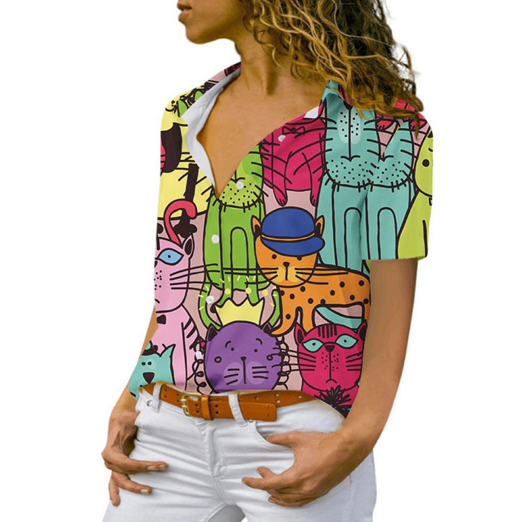 Summer Women's Casual Short-sleeved Lapel Shirt with Many Cat Prints Tops Personality Fashion Clothing