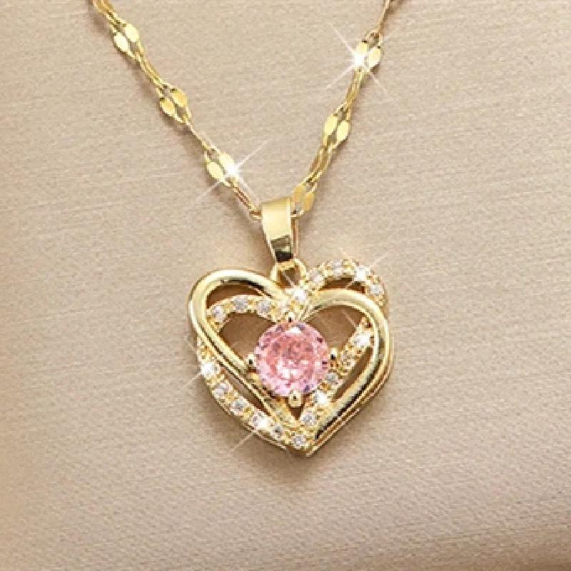 1 Pcs Light Luxury Cool Style Love Heart Collection Gold Plated Copper Pendant Necklace With Stainless Steel Chain
