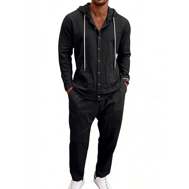 Men's Hooded Linen Shirt and Pants Set - European Casual Style