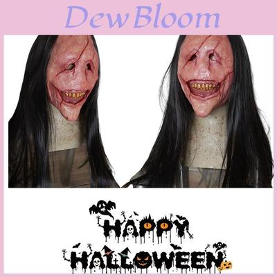Halloween Horror Demon Mask With Long Hair Red-faced Devil Mask With Exposed Teeth