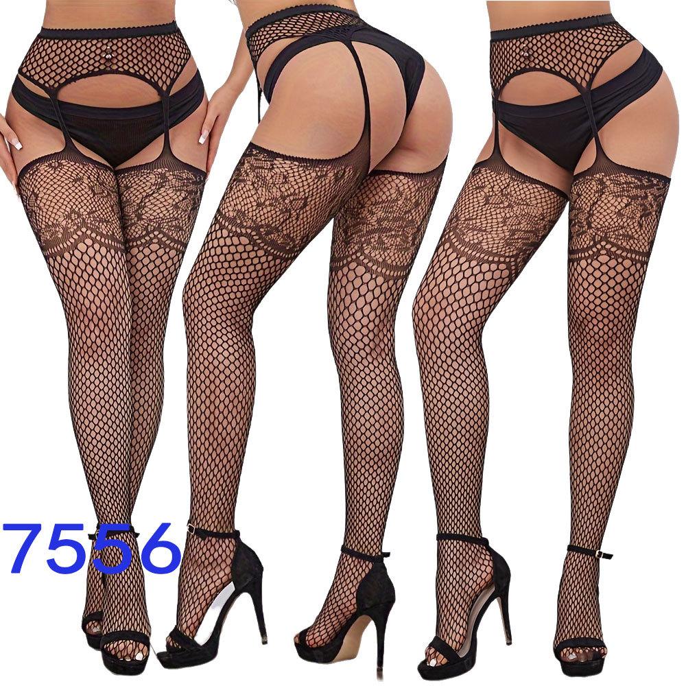 New style open crotch lace transparent suspender black silk sexy fishnet stockings non-slip one-piece suspender belt for women