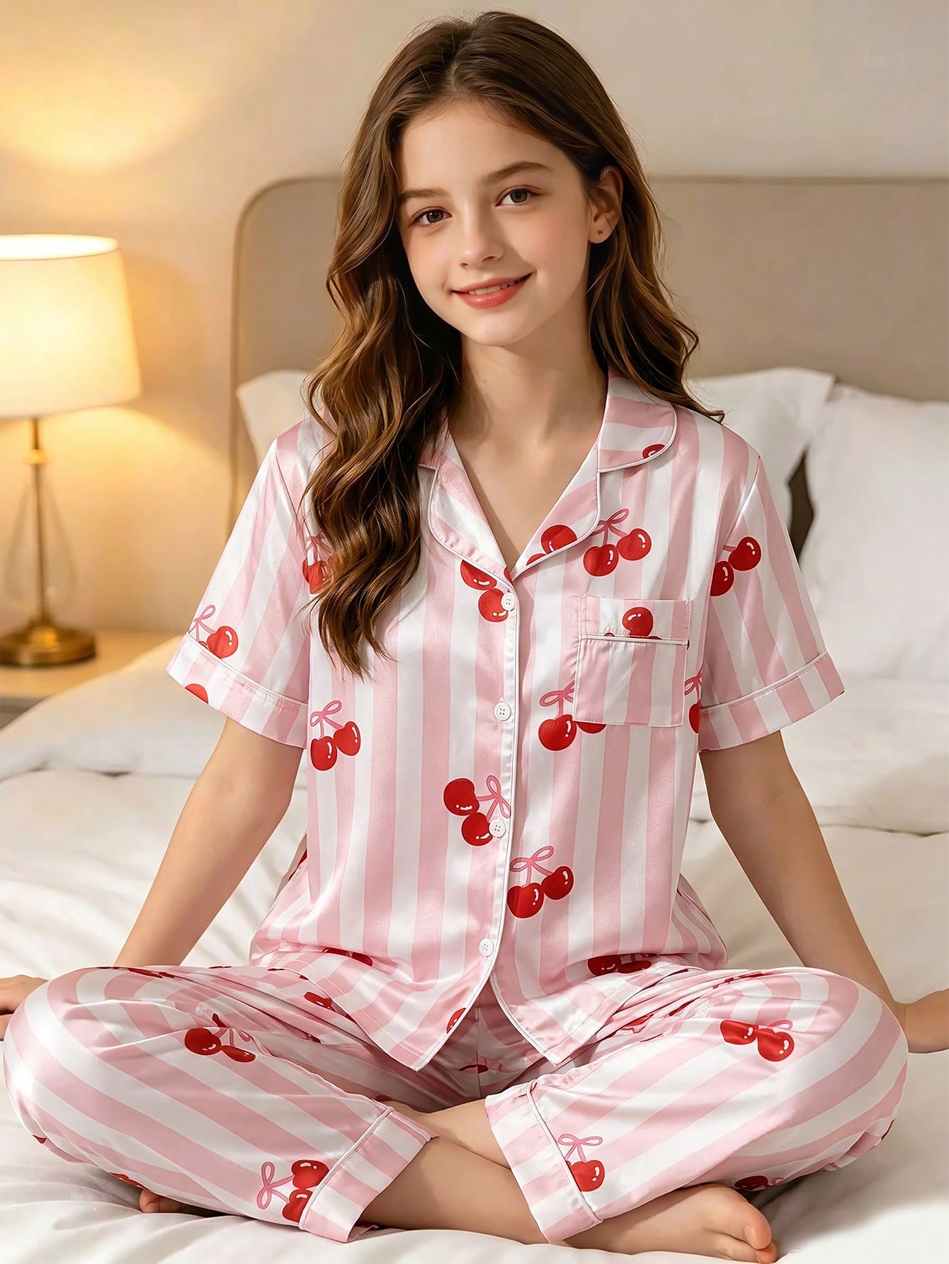 Mädchen Cooles Seidiges Satin Kirschgestreiftes Pyjama-Set Revers Knopf Kurzarm Oberteil & Lange Hose Süße Sommer Loungewear Schlafanzug für Preteen 8-13 Jahre 13Y rosa