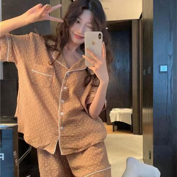 

Coffee color full-printed polka dot pajamas women s summer short-sleeved shorts ins set, students can wear loungewear two-piece set S