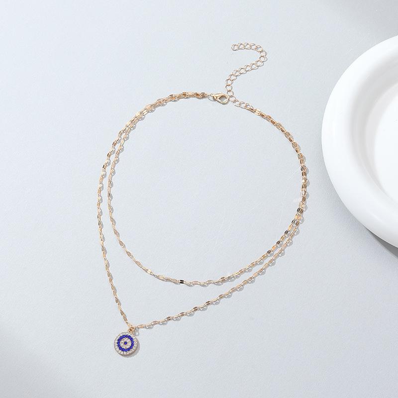 JMXD-Crystal Jewelry Devil's Eye Double Necklace Fashion Personality Alloy Pendant Clavicle Chain
