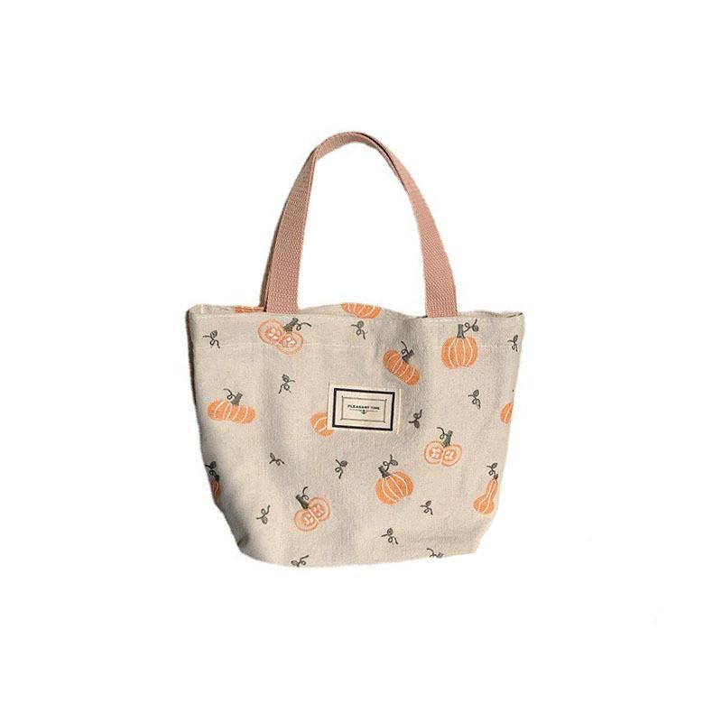 Trendy Canvas Tote Bag With Pumpkin Embroidery Large Capacity Beige Handbag