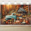 2D Flat Banner, Harvest Thanksgiving Banner - Polyester Rural Scene, Featuring Pumpkins, Sunflowers and Turkeys