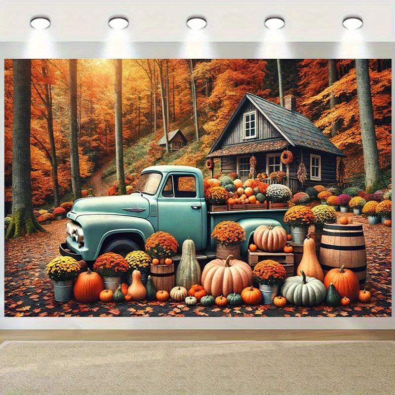 2D Flat Banner, Harvest Thanksgiving Banner - Polyester Rural Scene, Featuring Pumpkins, Sunflowers and Turkeys