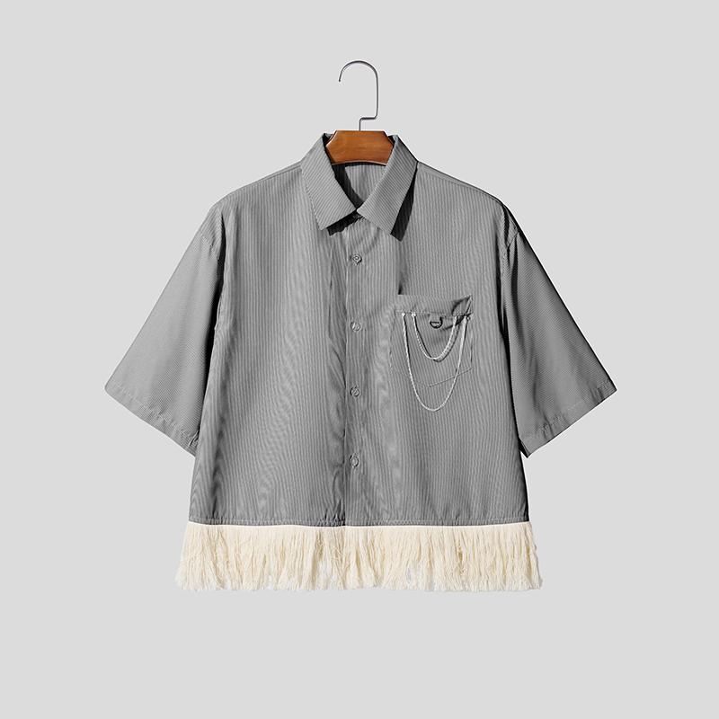 INCERUN Summer Men Short Sleeve Chain Decoration Striped Loose Casual Tassel Shirts Tops