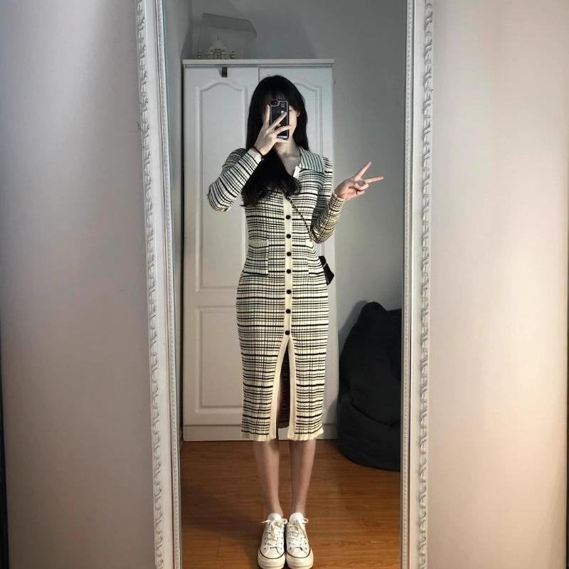 Autumn and Winter New Retro Striped Knitted Dress with a Coat Inside and a Long Thin Sweater Skirt for Women