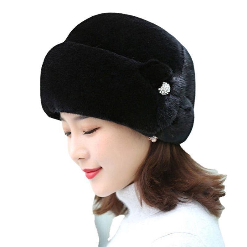 Women's Winter Fashion Imitation Mink Fur Hat with Leather for Middle-Aged and Elderly