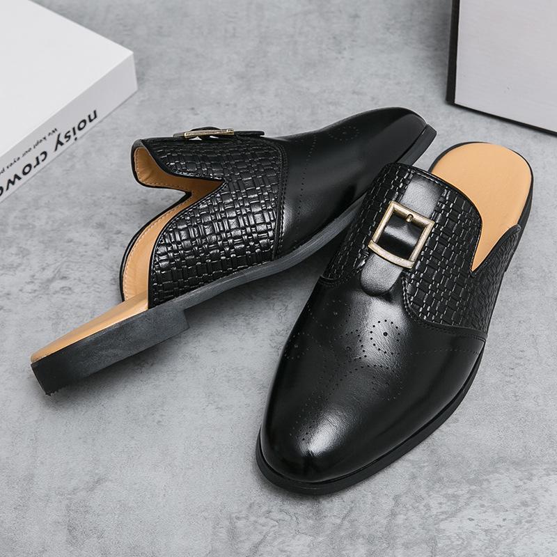 Men s Summer Fashion Brogue Closed-Toe Backless Leather Slip-Ons 40 чёрный