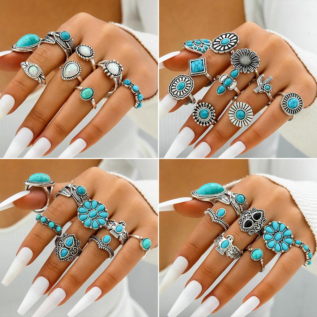 European and American Ethnic Style Carved Feather turquoise Ring Retro Personality Ring Set Combination Ring Set