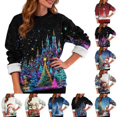 Damenmode Lässig Langarm Weihnachten Bedruckt Rundhals Plus Samt Verdicktes Sweatshirt
