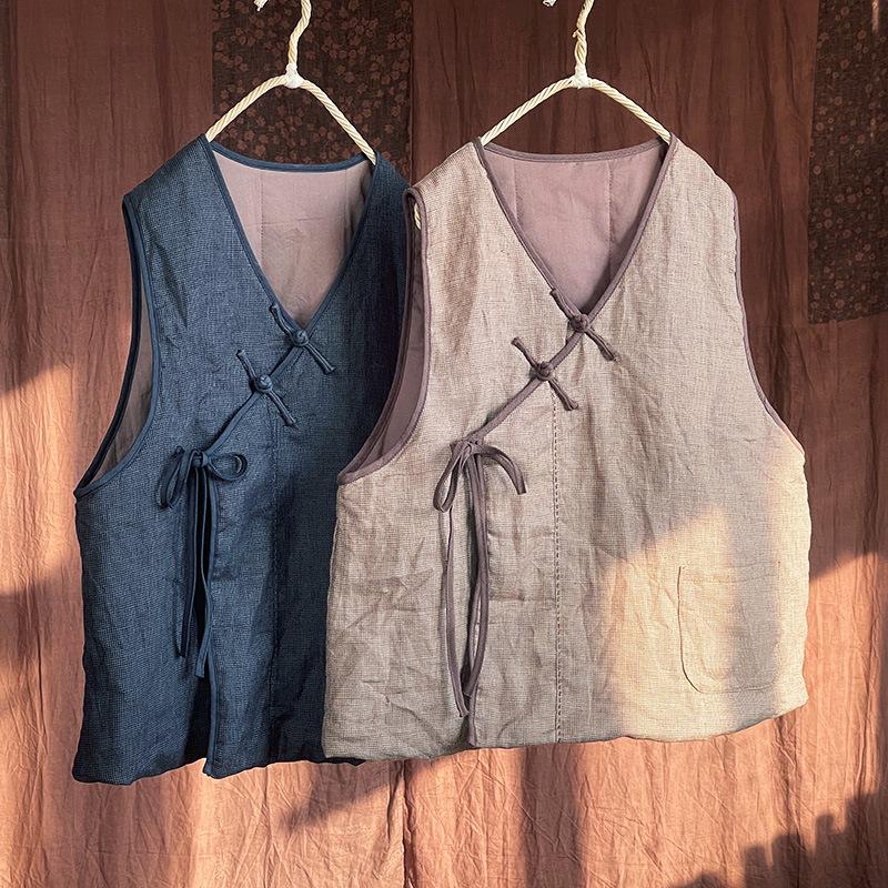Johnature Women Chinese Style Linen Vests Coat V-Neck Sleeveless Patchwork Pockets Solid Color Fall Women Vintage Vests
