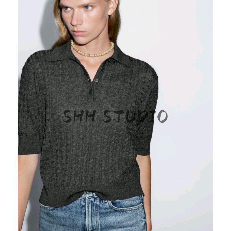 MD Spring/Summer New Arrival Women's Clothing High JGG Chengtong Diligent Twisted Flower Cable Stitch Half Sleeve Knitting Polo Shirt 5687579