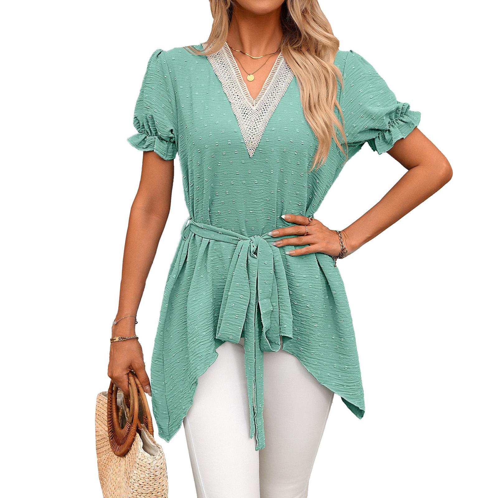 

Women V Neck Tie Waist Blouse Puff Sleeve Tunic Top with Lace Trim Casual Loose Fit Shirt Elegant Style for Daily Wear XXL зелений