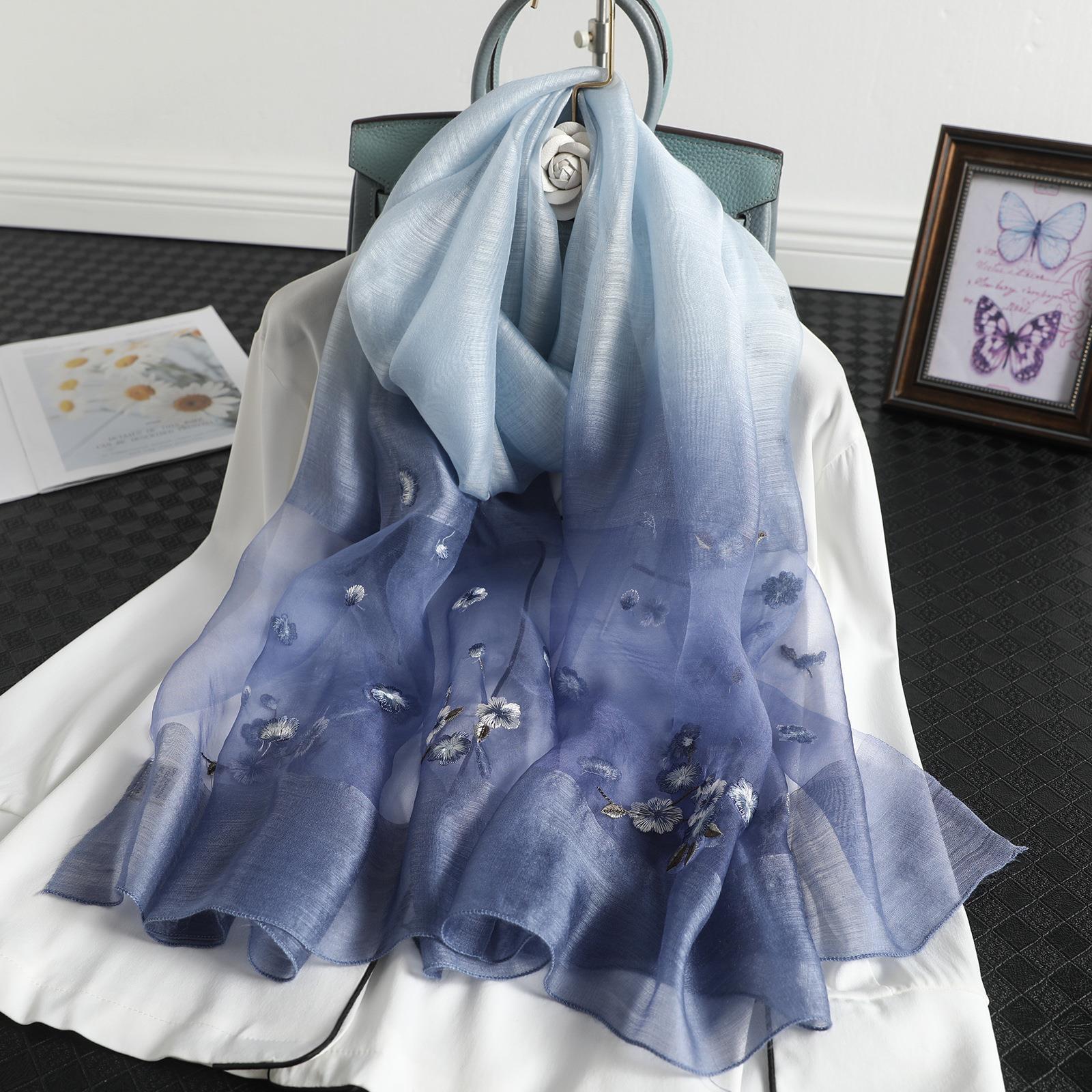 

Женский шелковый и шерстяной градиентный вышитый шарф - модная солнцезащитная шаль 70x190 cm