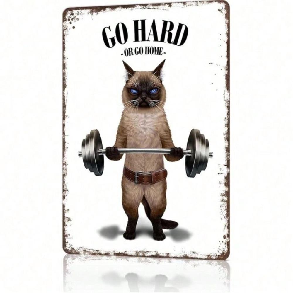 Vintage Katze mit Kurzhanteln Metallwandkunst, Fitnessstudio Dekor