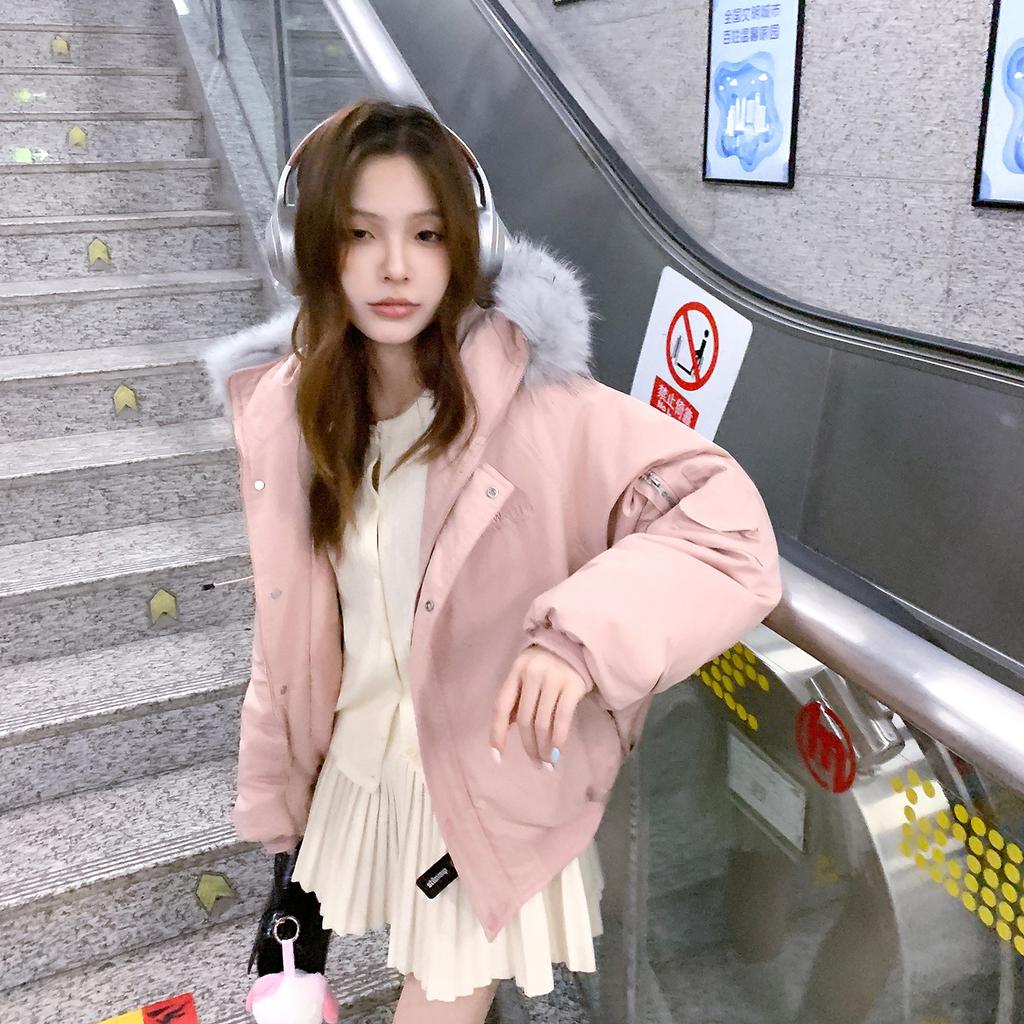 Winter American Big Fur Collar Hooded Down Cotton-padded Jacket Coat Female Design Sense Short Thick Cotton-padded Coat Pie To Overcome.