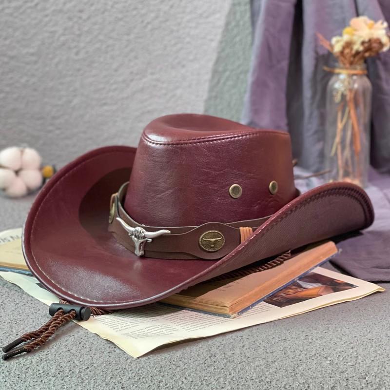Hat Vintage Cowboy Sun Shade Sunscreen Hat Cow Head PU Leather Hat