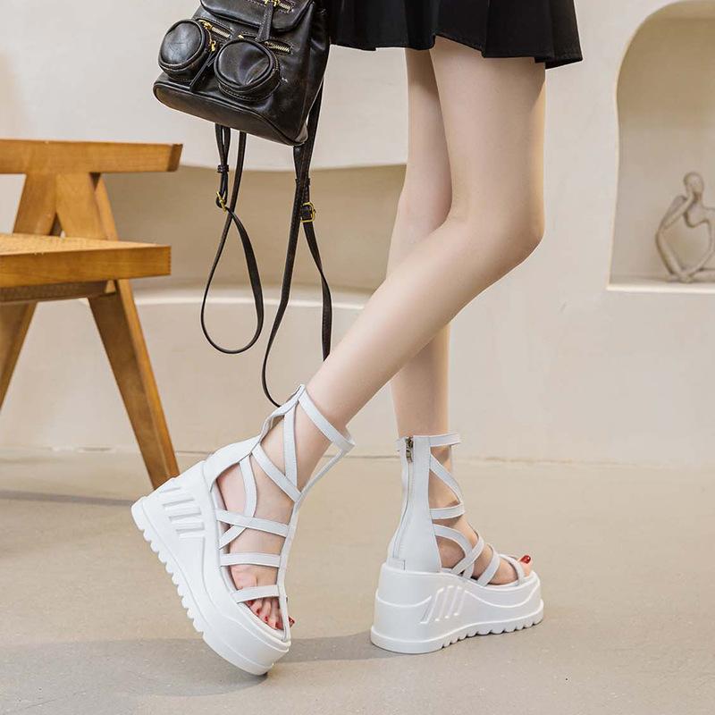 Sandals Women's 2025 Summer Rome's New Open-toed Hollow Women's Cool Boots Thick-soled Wedge Heels Women's Rear Zipper Fashion