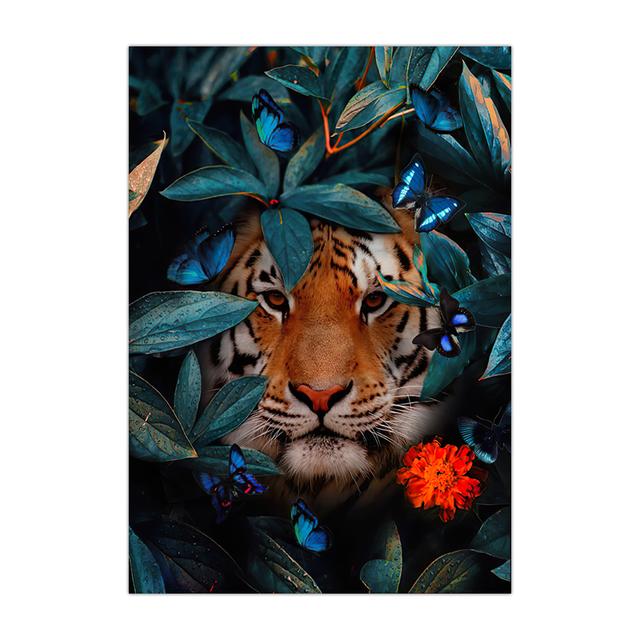 Flower with Animal Lion Tiger Deer Leopard Canvas Painting Wall Art Picture Nordic Print Poster for Living Room Home Decor No Frame
