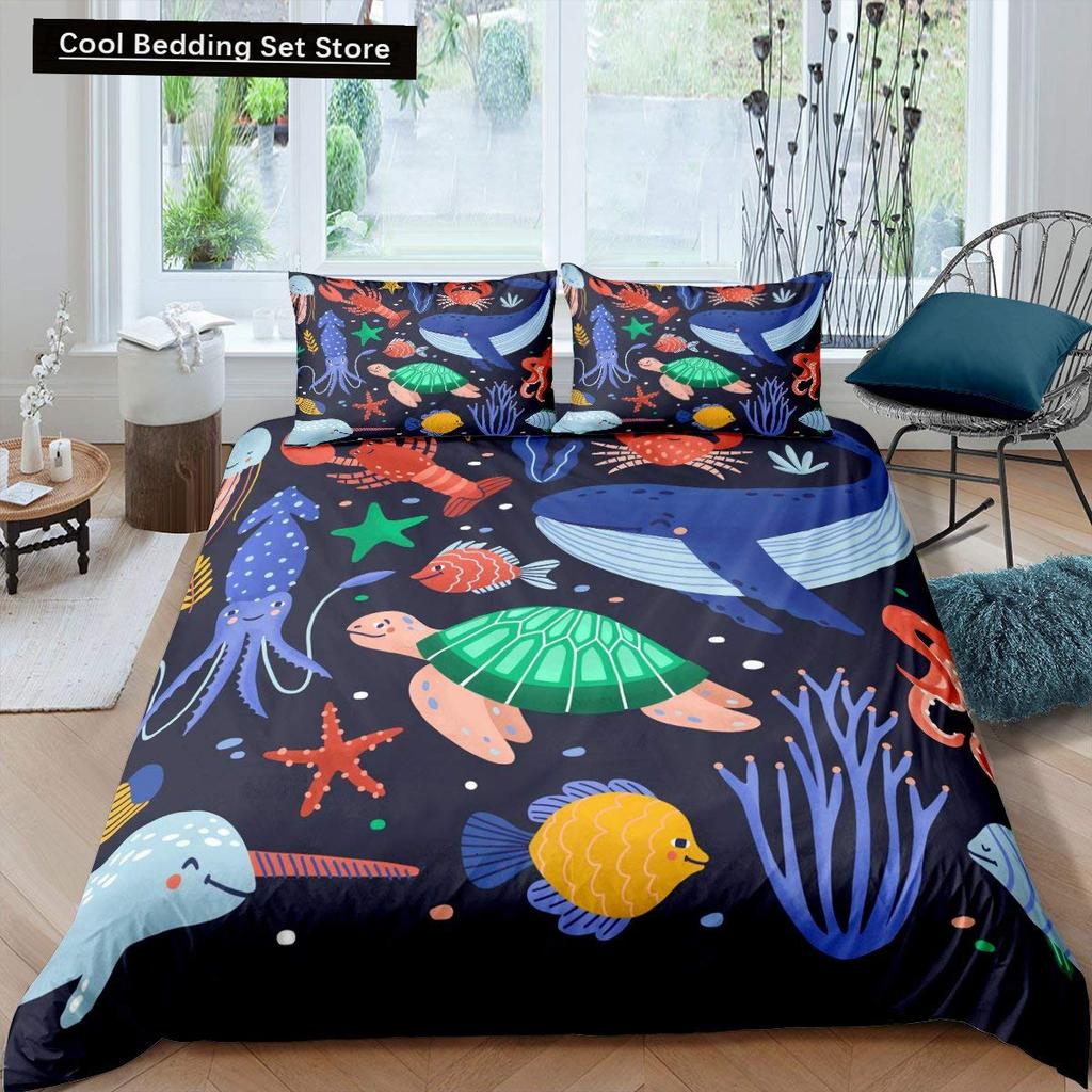 Kids Cartoon Ocean Animal King Queen Bedding Set Underwater World Duvet Cover Marine Life Quilt Cover Polyester Comforter Cover