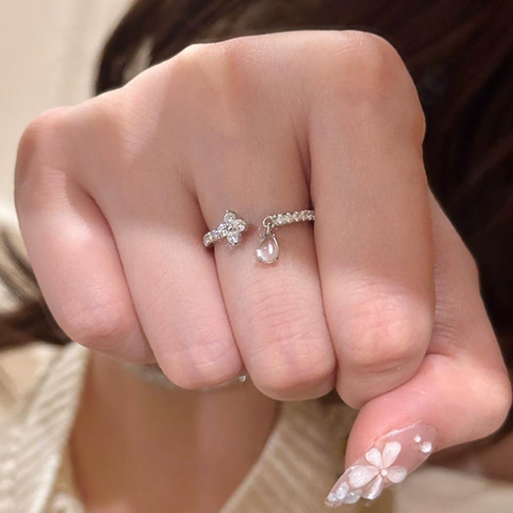 Trendy Exquisite 925 Silver Micro-inlay Zircon Four-leaf Clover Water Drop Tassel Opening Ring for Women Finger Jewelry