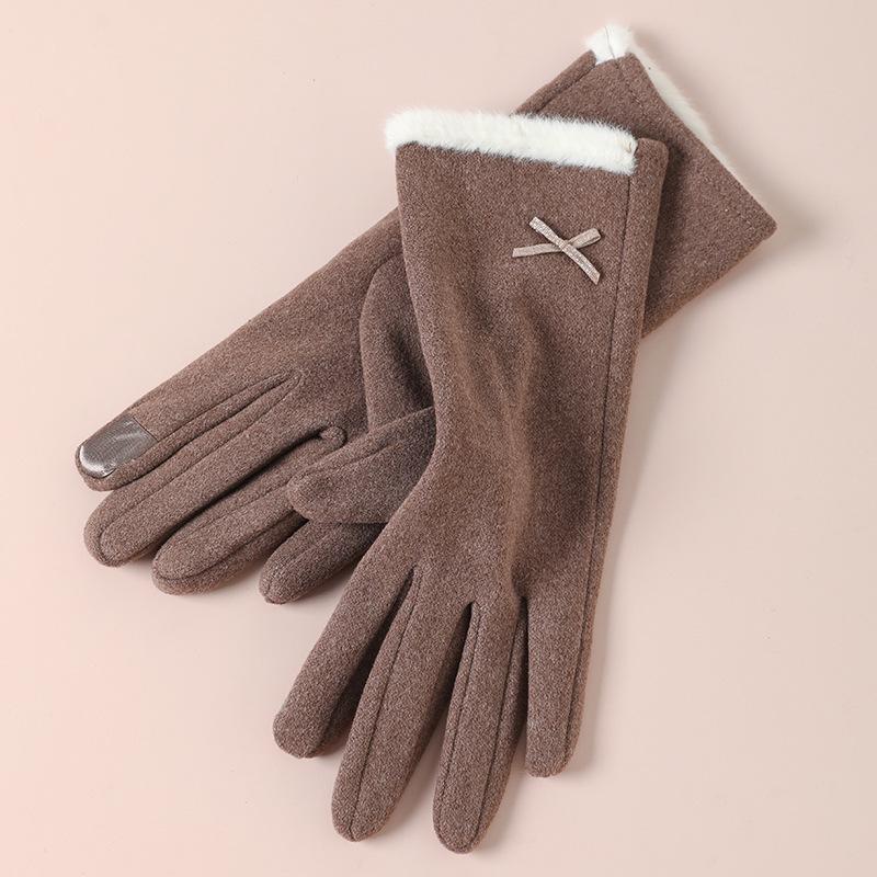 Warm Gloves for Women Rabbit Fleece Cute Bow Thickened Plush Windproof Riding Touch Screen Autumn and Winter Gloves
