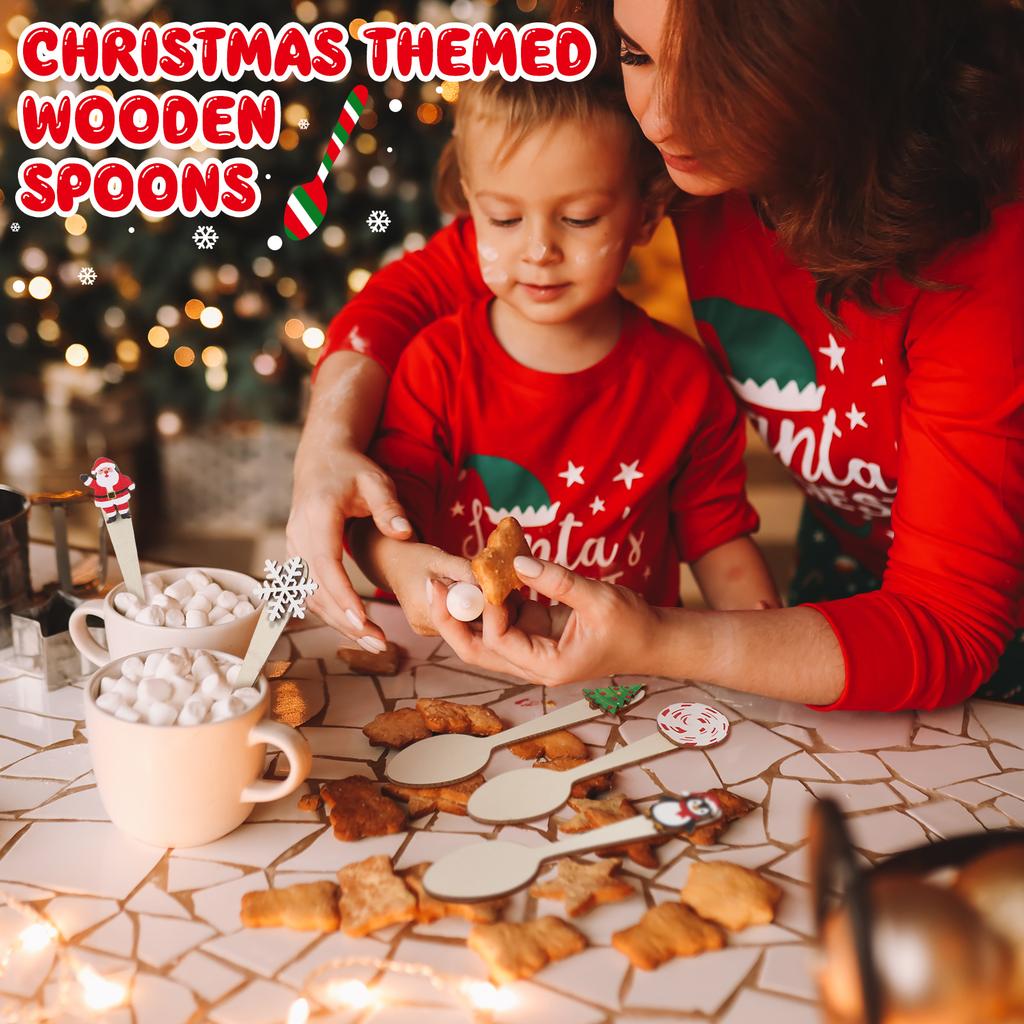 50 Pcs Christmas Wooden Spoons Set Hot Cocoa Stirring Spoons Snowflake Gingerbread Man Snowman Candy Cane Spoon For Winter Tasti