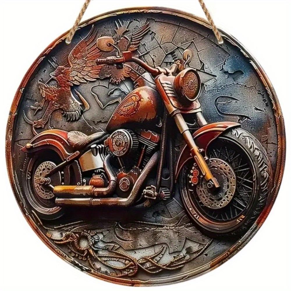 1pc 2d Flat Retro Motorcycle Circular Wooden Sign - 20cm, Suitable for Home Living Room, Bar, Caf É, Farmhouse Porch Decoration, Father's Day Gift
