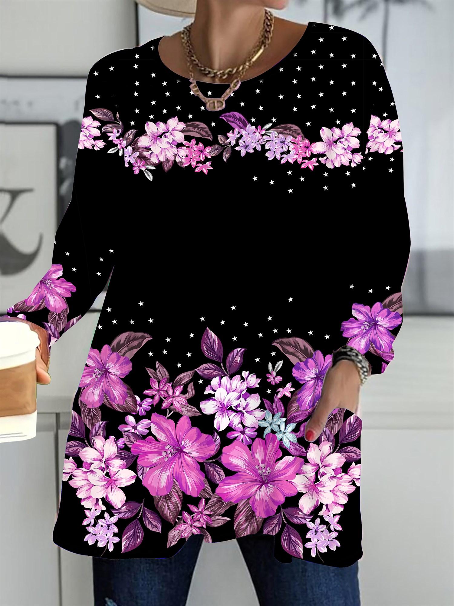 

Осень-Зима 2025 Новые Женские Топы Большого Размера, Модные Футболки с 3D-принтом цветов, с Круглым Вырезом и Длинным Рукавом 6XL розовый