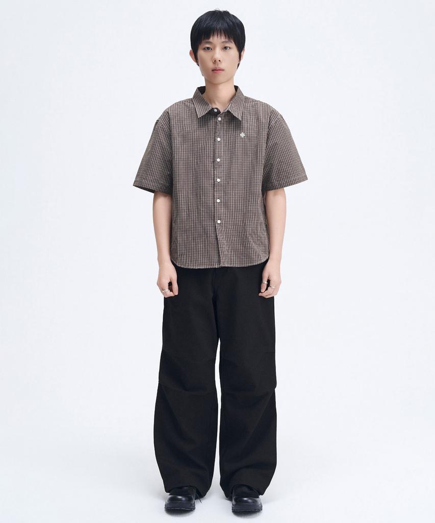 SLOW RECORD HOUSE Logo Check Short Sleeve Shirt_Brown