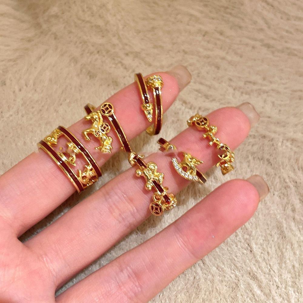 Prsten Znamení Zvěrokruhu Kůň Hodně Štěstí Nastavitelný Otevírací Prsten Osobnost Novoroční Prsteny Ženy Muži