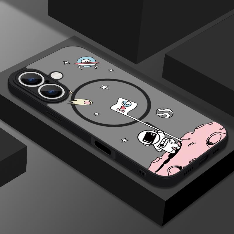 Magnetic Matte Phone Case For iPhone 16 15 Pro 14 13 Pro Max 16e 14 For Magsafe Cartoon Astronaut Pattern Hard Back Cover Fundas