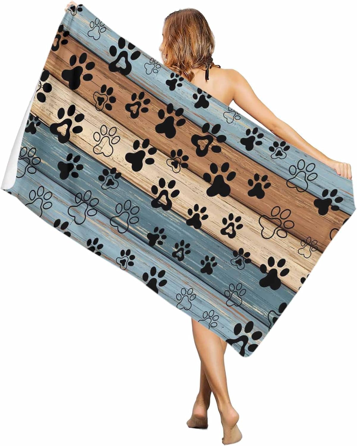 

Beach Towel Dog Paw Print Bath Pool Towels Retro Brown Wood Grain Absorbent Beach Towel Soft Large Quick Dry Lightweight Camping W40*H60(CM)